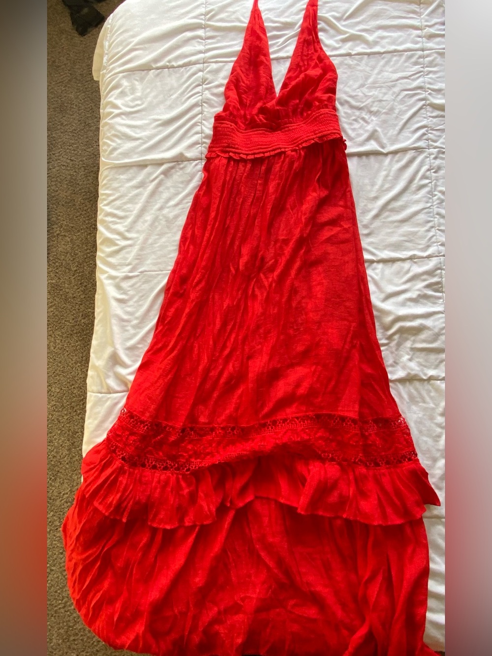 Women’s Red Maxi Dress with Ruffle Hem and Lace Trim